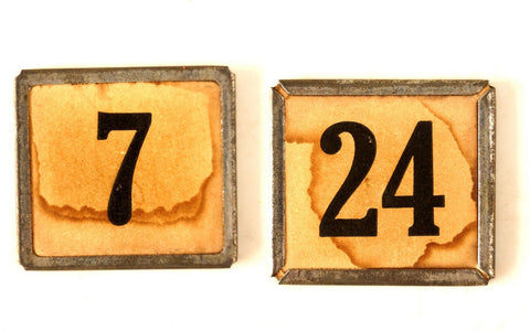 Vintage Metal Number Square Tile "7 / 24", Double-Sided (c.1920s) Sepia - thirdshift