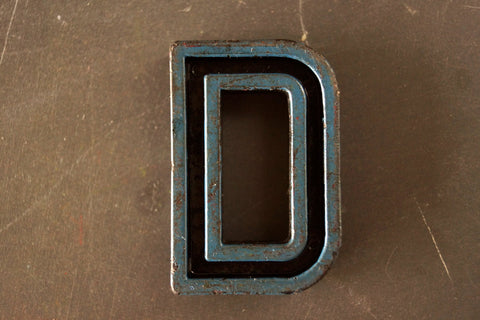 Vintage Industrial Letter "D" Black with Blue Paint, 2" tall (c.1940s) - thirdshift