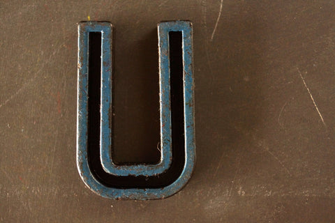 Vintage Industrial Letter "U" Black with Blue Paint, 2" tall (c.1940s) - thirdshift