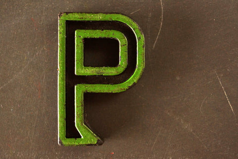 Vintage Industrial Letter "P" Black with Green and Red Paint, 2" tall (c.1940s) - thirdshift