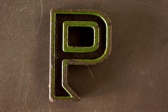 Vintage Industrial Letter "P" Black with Green and Orange Paint, 2" tall (c.1940s) - thirdshift