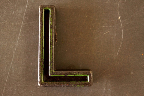 Vintage Industrial Letter "L" Black with Green and Orange Paint, 2" tall (c.1940s) - thirdshift