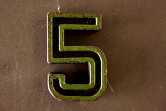 Vintage Industrial Number "5" Black with Green and Orange Paint, 2" tall (c.1940s) - thirdshift
