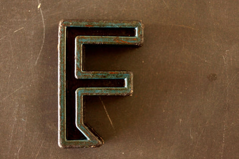 Vintage Industrial Letter "F" Black with Blue and Orange Paint, 2" tall (c.1940s) - thirdshift