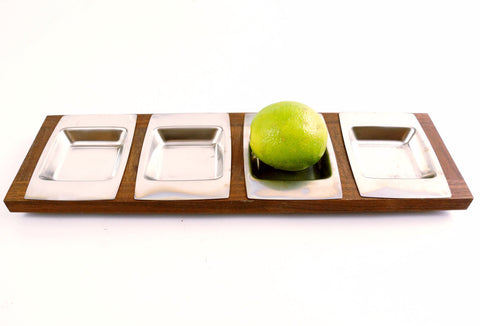 Vintage Stainless Steel and Wood Serving Tray Set, Condiment or Relish Tray (c.1960s) - thirdshift