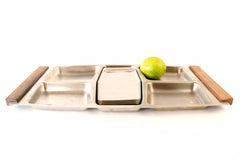 Vintage Stainless Steel and Wood Serving Snack Tray Set with 6 Metal Plates (c.1960s) - thirdshift