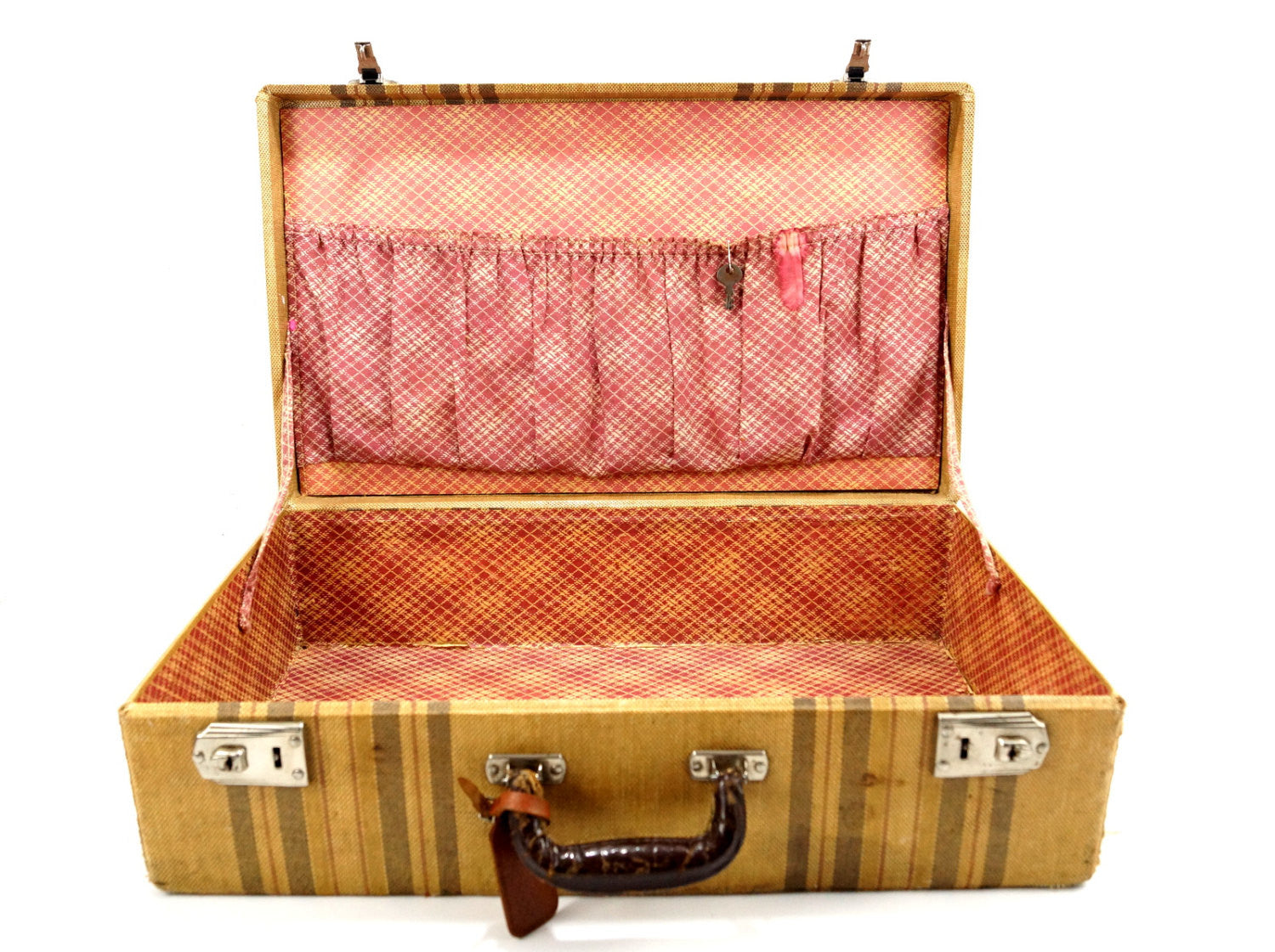 Vintage Striped Tweed Hard Sided Hardboard Suitcase with Handle and ThirdShiftVintage