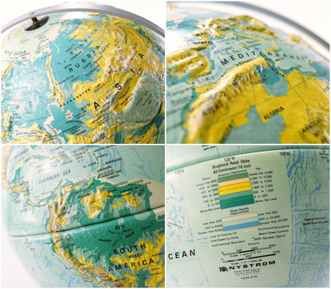 Vintage Nystrom Sculptural Relief World Globe with Metal Stand, 16" di ...