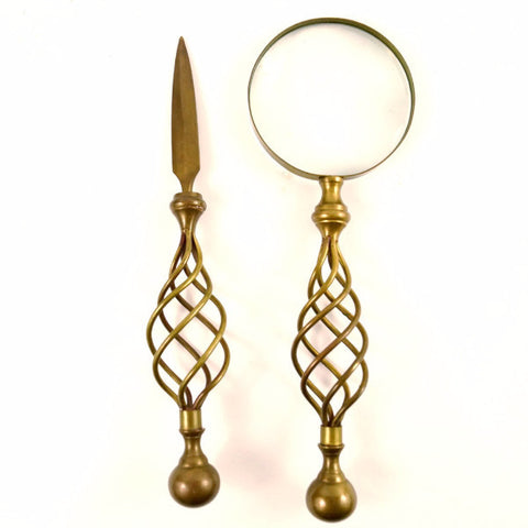Vintage Magnifying Glass and Letter Opener Desk Set in Brass with Twisted Handles (c.1970s) - thirdshift