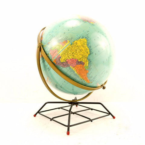 Vintage Replogle Reference World Globe with Art Deco Wire Stand, 12" diameter (c.1957) - thirdshift