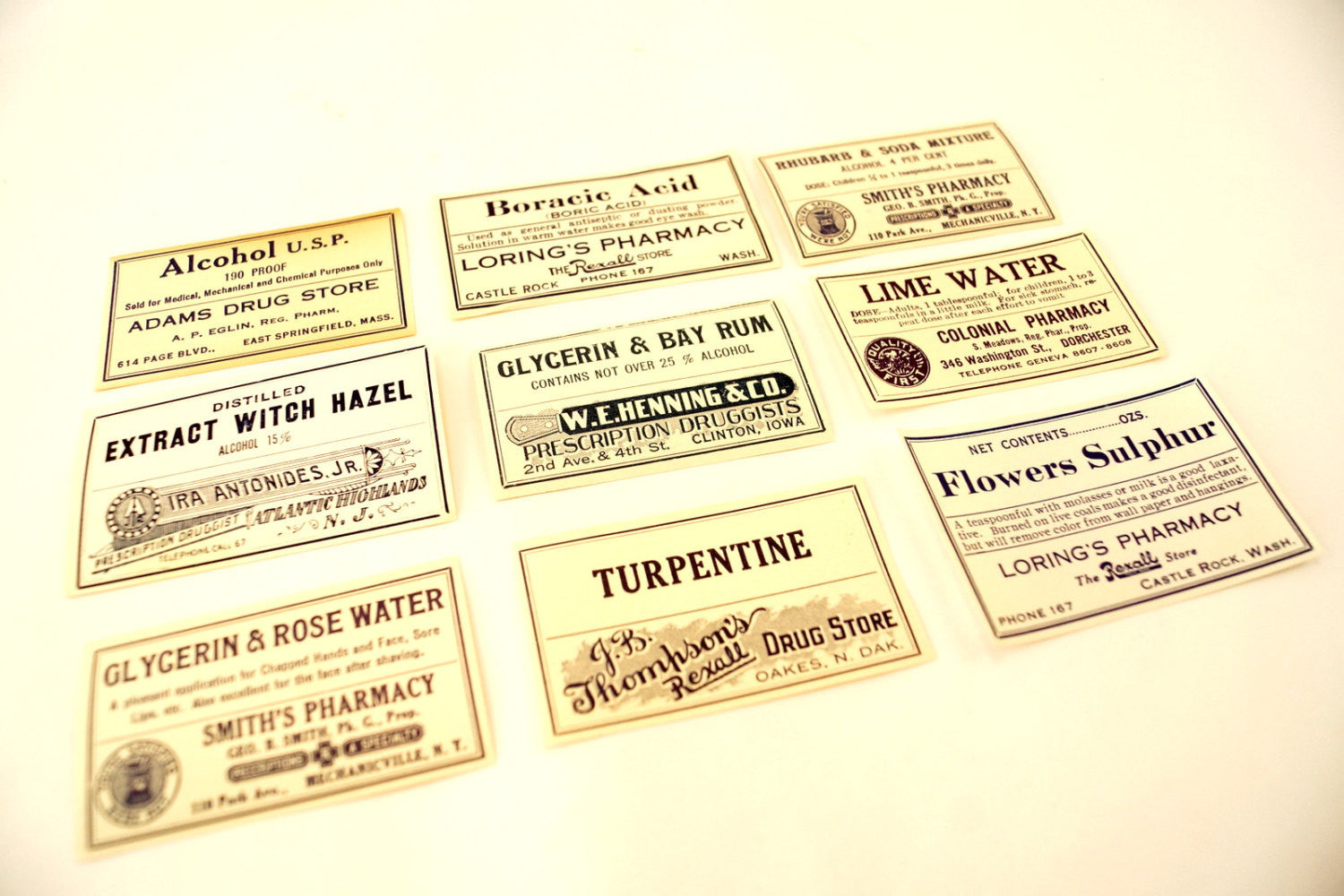 Antique Medicine Apothecary Pharmacy Labels in Blue and White, Set Antique Medicine Apothecary Pharmacy Labels in Blue and White, Set