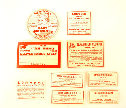 Antique Medicine Apothecary Pharmacy Labels in Red and White, Set of 9 (c.1890s) N2 - thirdshift