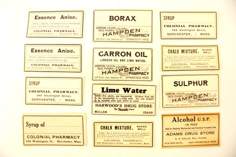 Antique Medicine Apothecary Pharmacy Labels, Black & White, Set of 12 (c.1890s) N3 - thirdshift